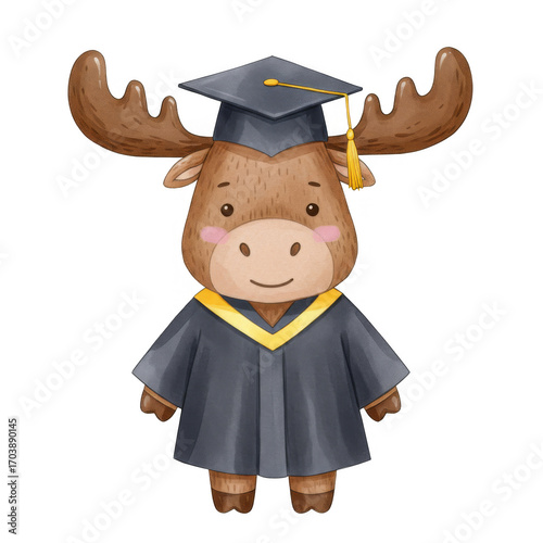 Cartoon Moose Graduate in Black Gown and Cap on Transparent Background