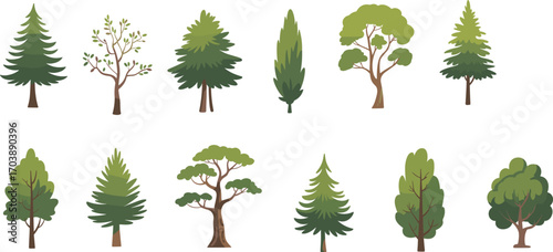 Collection of various green trees illustration, natural forest plants design, ecology and landscape vector elements set, cad drawing flat vector illustration