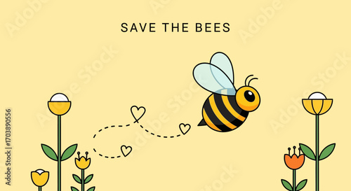 Save The Bees environmental awareness campaign with a cute cartoon bee. Vector Illustrations. EPS Editable