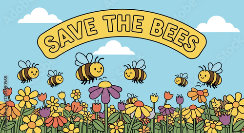 Save the Bees environmental conservation banner with cute cartoon insects flying over a colorful flower field. Vector Illustrations. EPS Editable