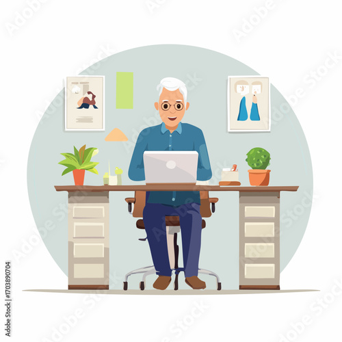 Vector art of senior man working on laptop at his desk