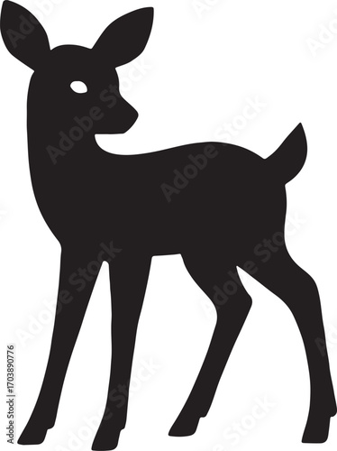 Fawn standing silhouette, young deer vector, gentle forest animal illustration design.