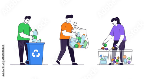 Set of Illustrations Showing People Recycling Plastic Bottles and Waste. Vector Illustrations. EPS Editable