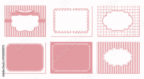 Set of six cute pink decorative frames and labels for baby girl announcements or scrapbooking. Vector Illustrations. EPS Editable