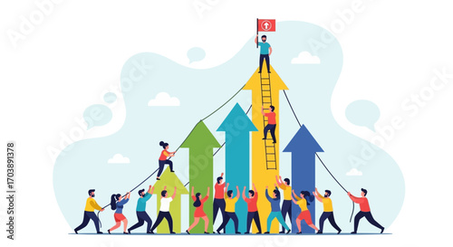 Teamwork and Collaboration Leading to Business Success and Growth. Vector Illustrations. EPS Editable