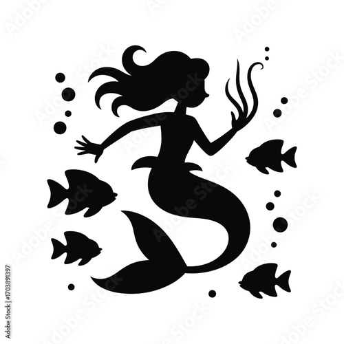 Enchanting Mermaid Silhouette Illustration with Fish and Bubbles in a Black Design
