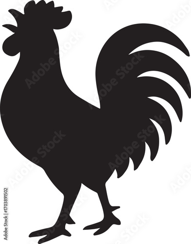 Rooster crowing silhouette, farm bird vector, morning alarm and rural life illustration.