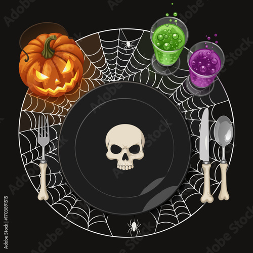 A detailed illustration of a gothic banquet place setting for Halloween. A realistic skull adorns a black plate, set with bone cutlery and bubbling potions on a spiderweb tablecloth.