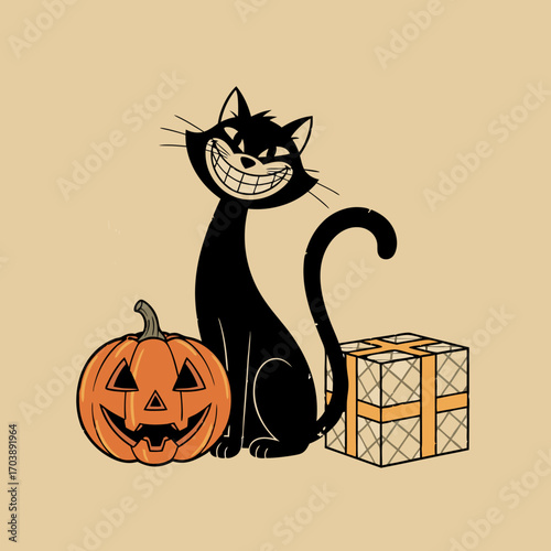 A retro cartoon black cat with a large, mischievous and creepy toothy grin. This spooky feline character sits with a jack o' lantern and a present, perfect for a fun Halloween design.