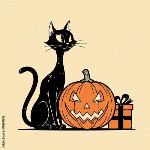 A retro style illustration of a classic Halloween black cat. The sleek feline sits next to a spooky carved jack o' lantern and a gift box on a cream background. Vintage holiday character design.