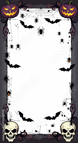 A spooky vertical Halloween frame or border template. Features skulls, jack o' lanterns, and bats on a dark border with a blank, ragged-edged parchment space in the center for your text.