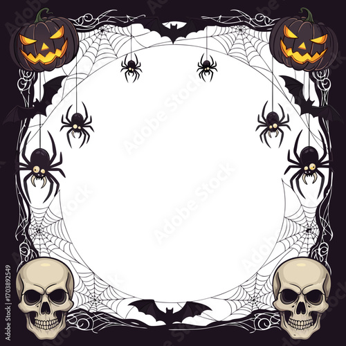 A spooky and ornate round frame for Halloween photos or messages. The circular border is decorated with spiders, webs, skulls, bats, and jack o' lanterns on a dark background.