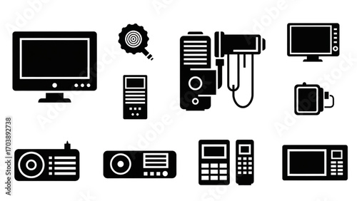 Modern Technology Silhouette Icons, Black Vector Digital Equipment for Computers, Smartphones, Tablets, and Electronic Devices, Minimalist Tech Illustration Set