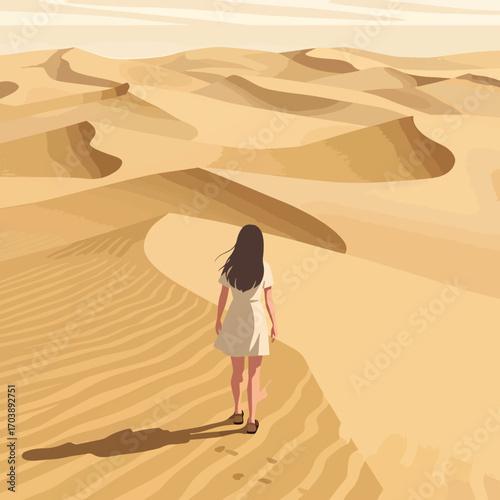 Minimalist Vector Illustration of a Woman Walking in Desert Sand Dunes in Warm Earth Tones