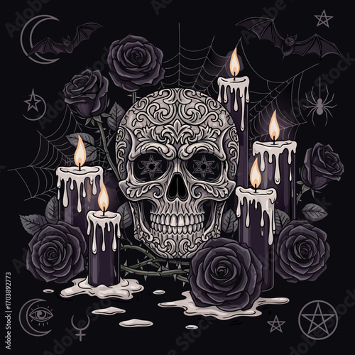 An illustration of a dark magic ritual or seance. An ornate skull is the focus of the ceremony, surrounded by black roses, lit candles, a crescent moon, and pentagram symbols.
