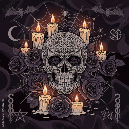 A dark and macabre still life illustration. An ornate skull is surrounded by black roses with thorns and lit candles, creating a spooky yet beautiful gothic scene. A memento mori concept.