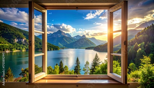 Panoramic mountain lake view through open windows