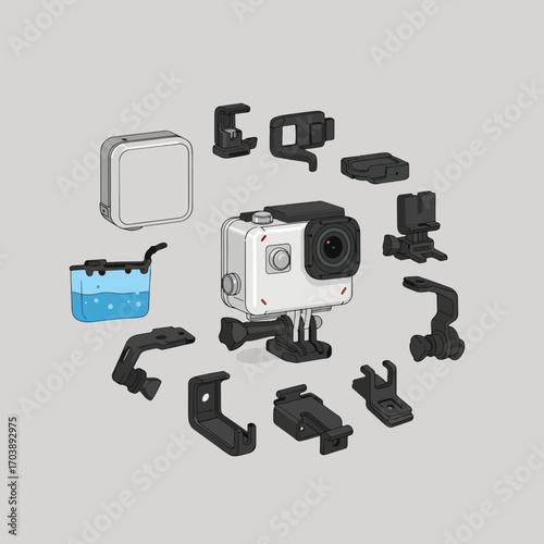 Vector Illustration of Action Camera Accessories in Modern Minimalist Style with Monochrome and Blue Color Accents