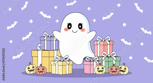 A charming ghost character for a fun Halloween celebration. This whimsical phantom floats in front of gift boxes and cute pumpkins on a purple background decorated with bats and sparkling stars.
