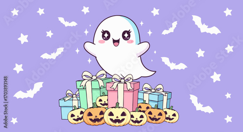 An adorable kawaii-style ghost floats happily above a pile of pastel-colored gift boxes and smiling pumpkins. A cute Halloween character illustration on a lavender background with stars and bats.