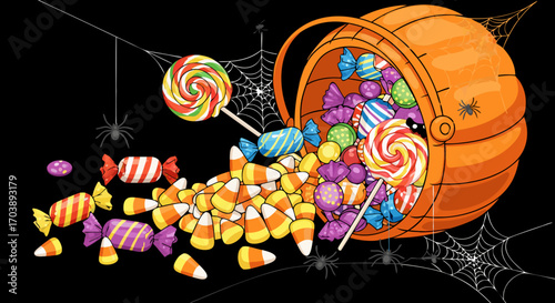 A trick-or-treat pumpkin bucket spilling a colorful assortment of candies, including lollipops and candy corn. Vector illustration on a black background with spooky spiderwebs for a Halloween party