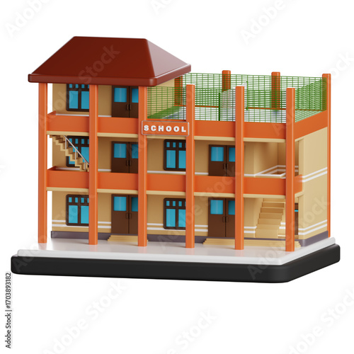 School building 3D render, educational infrastructure in a model format, showcasing a classroom environment and academic atmosphere