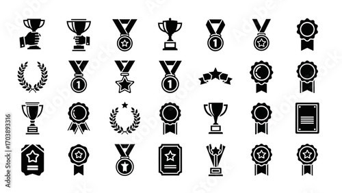 Award Icon Set, Black Silhouette Trophy, Medal, and Recognition Symbols, Minimalist Vector Collection for Achievement and Celebration