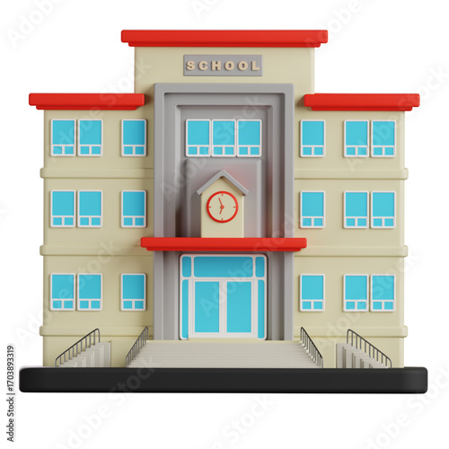 3D render of a classic school building icon with a clock tower and red roof, isolated on a white background. Educational institution architecture