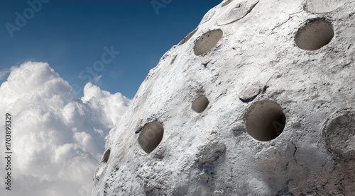 A large, light gray, rocky sphere, pocked with numerous circular holes, sits against a backdrop of fluffy white clouds and a vibrant blue sky.