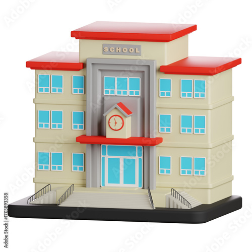Colorful 3D School Building with Clock Education and Learning Design for Academic Themes, and Classroom Decoration