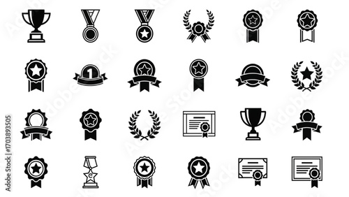 Artboard 1Set of 20 Awards Silhouette Icons, Black Trophy, Medal, and Ribbon Symbols for Achievement, Recognition, Competition, and Celebration, Minimalist Vector Pack