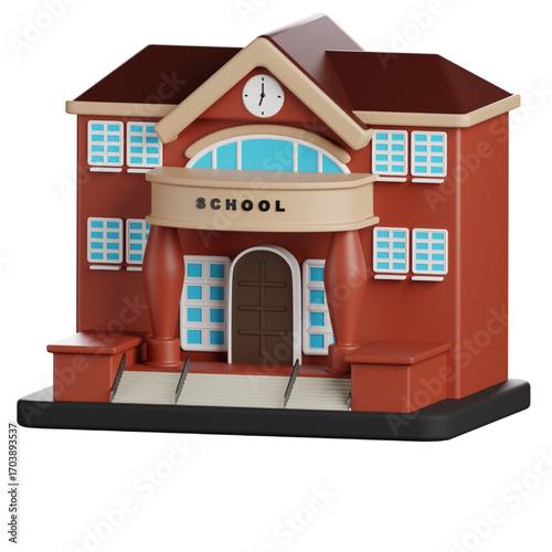 A charming 3D illustration of a classic school building, featuring a welcoming entrance and windows, representing education and learning