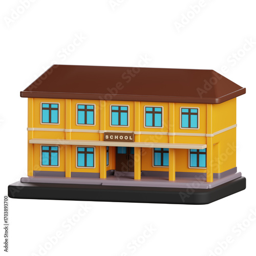 A 3D rendering of a miniature yellow school building with a brown roof, showcasing architectural design and educational themes