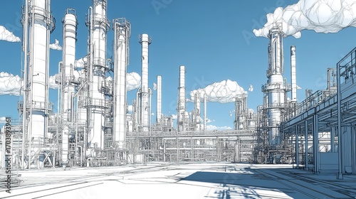 A technical line drawing of an oil refinery, showing a detailed network of pipes and chimneys, the sky in a distinct layer with industrial clouds.