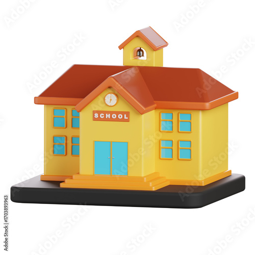 3D render of a vibrant yellow school building on a digital platform, showcasing education and learning through modern technology and digital concepts