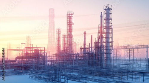 A technical line drawing of an oil refinery, showing a detailed network of pipes and chimneys, the sky in a distinct layer with industrial clouds.