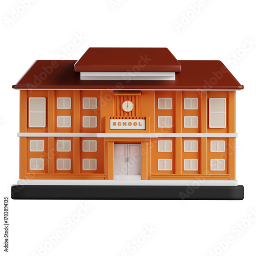 A vibrant 3D illustration of an orange school building with a prominent clock, symbolizing education and academic institutions on an isolated background