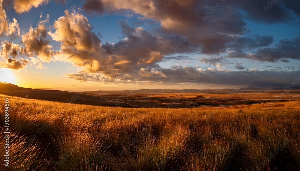 Obraz premium Expansive Grassland Scenery Beneath A Stunning Cloudscape During Golden Hour