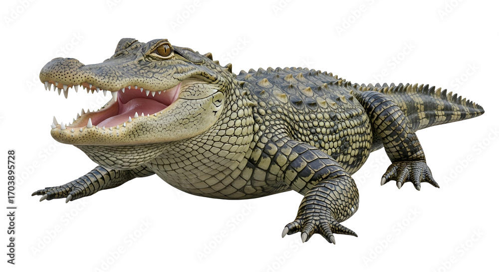 Fototapeta premium Crocodile with open mouth showing teeth isolated PNG with Transparent Background