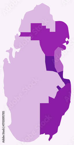 Map of Qatar with regions. Just a simple country border map with region division. Purple color palette. Flat Qatar shape with administrative division. Vector illustration.