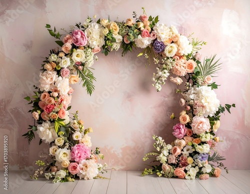 Floral arch arrangement against a soft backdrop