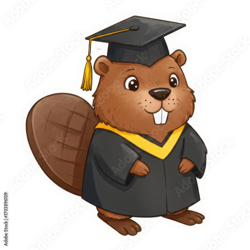 Cartoon Graduation Beaver Mascot with Black Gown and Transparent Background Sticker