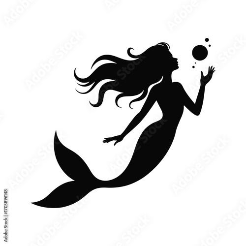 Elegant Mermaid Silhouette Illustration with Flowing Hair and Bubbles in a Black Design