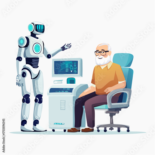 Vector art of senior man having a medical checkup with a robot