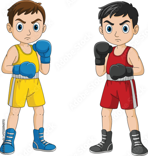 Two young cartoon boxers in red and yellow sportswear, standing in fighting pose with gloves, boxing competition artwork, cad drawing flat vector illustration