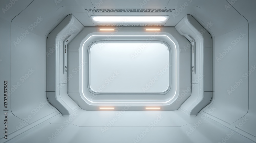 Fototapeta premium Futuristic Minimalistic Interior Design of a Sci-Fi Spacecraft Cabin Featuring Sleek White Walls and a Large Window for High-Tech Environments