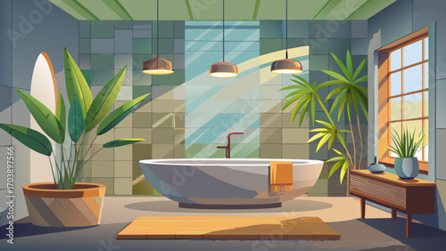 Sleek luxury bathroom featuring concrete walls, oval bathtub, slim pendant lighting, and a single bamboo plant, creating a peaceful, uncluttered sanctuary.
