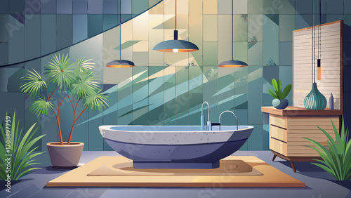Sleek luxury bathroom featuring concrete walls, oval bathtub, slim pendant lighting, and a single bamboo plant, creating a peaceful, uncluttered sanctuary.