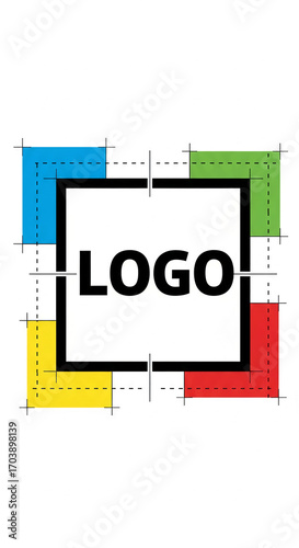 Abstract logo design template with colorful blocks and a central word 