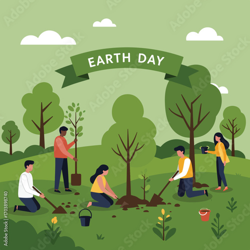 Minimalist Vector Illustration Earth Day Scene with People Planting Trees in Green Style